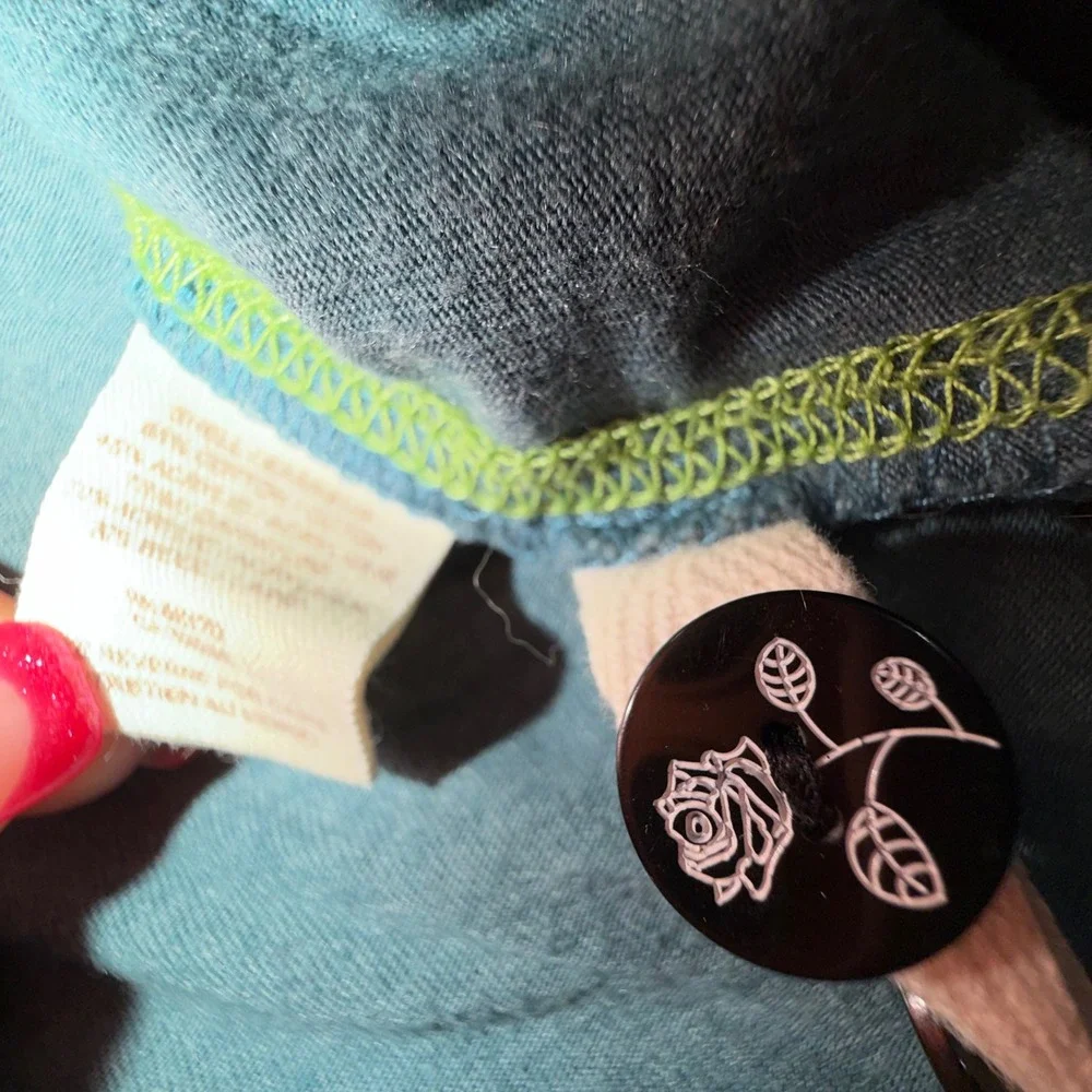 Free People Teal Blue Mixed Media Thermal Knit Top Boho Rose Button Womens Small